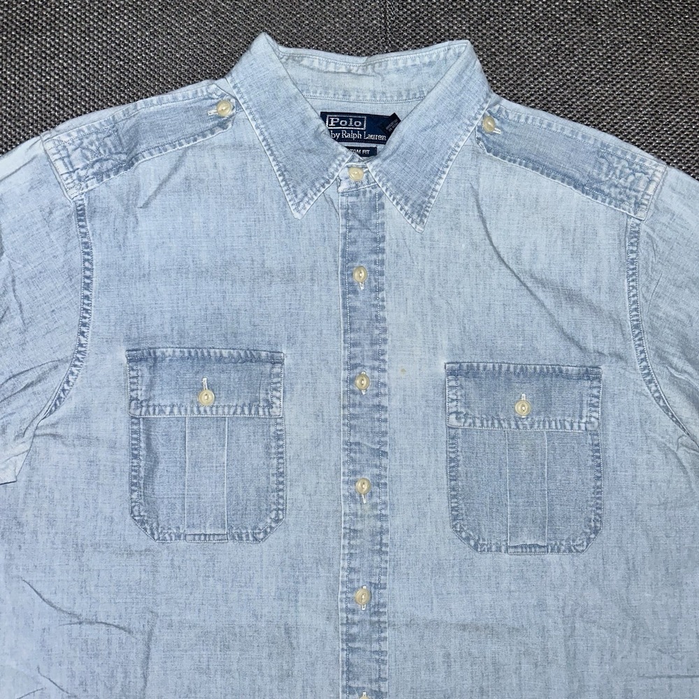 Vintage 90s Polo Ralph Lauren Men's Light Blue Denim Military Button Up Shirt XL
